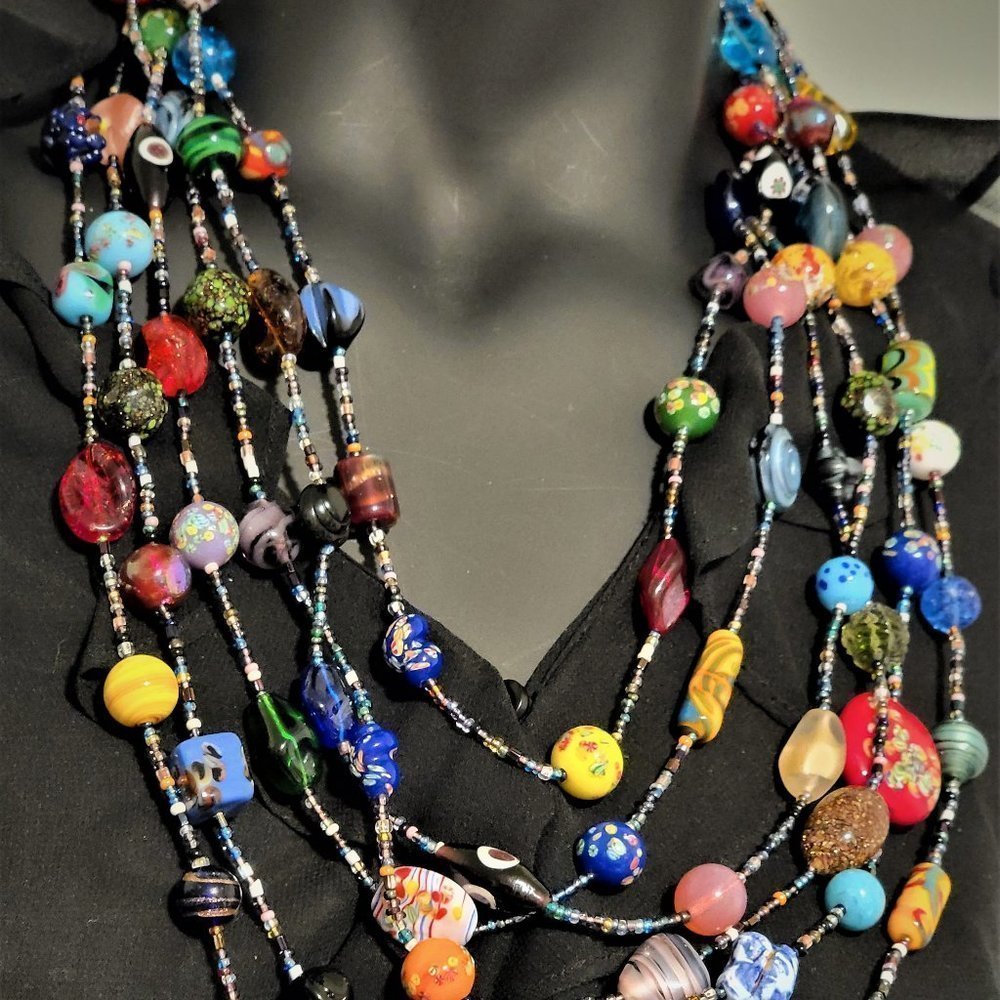 FABULOUS Vintage ITALIAN GLASS BEAD Triple Strand Necklace